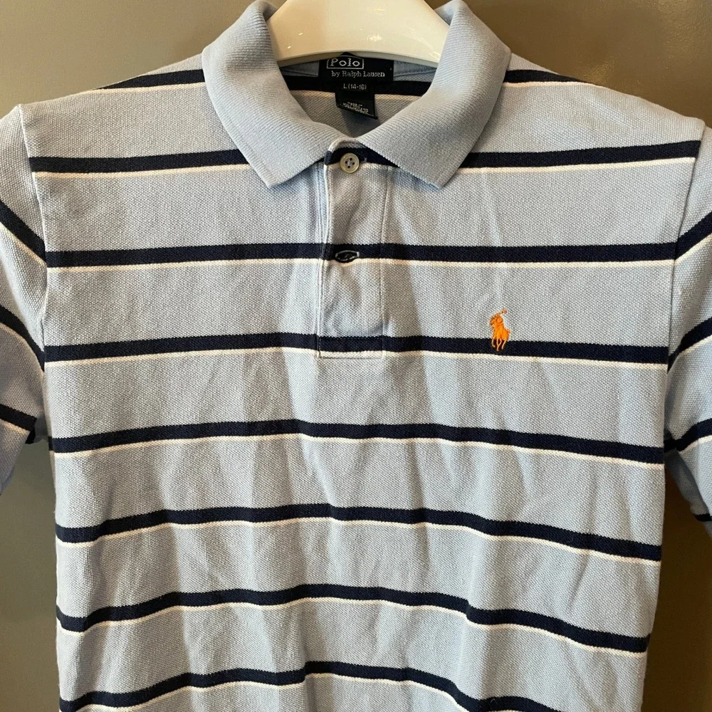 Polo Ralph Lauren Boys Light Blue Navy Striped Polo Shirt L 14-16 Orange Pony